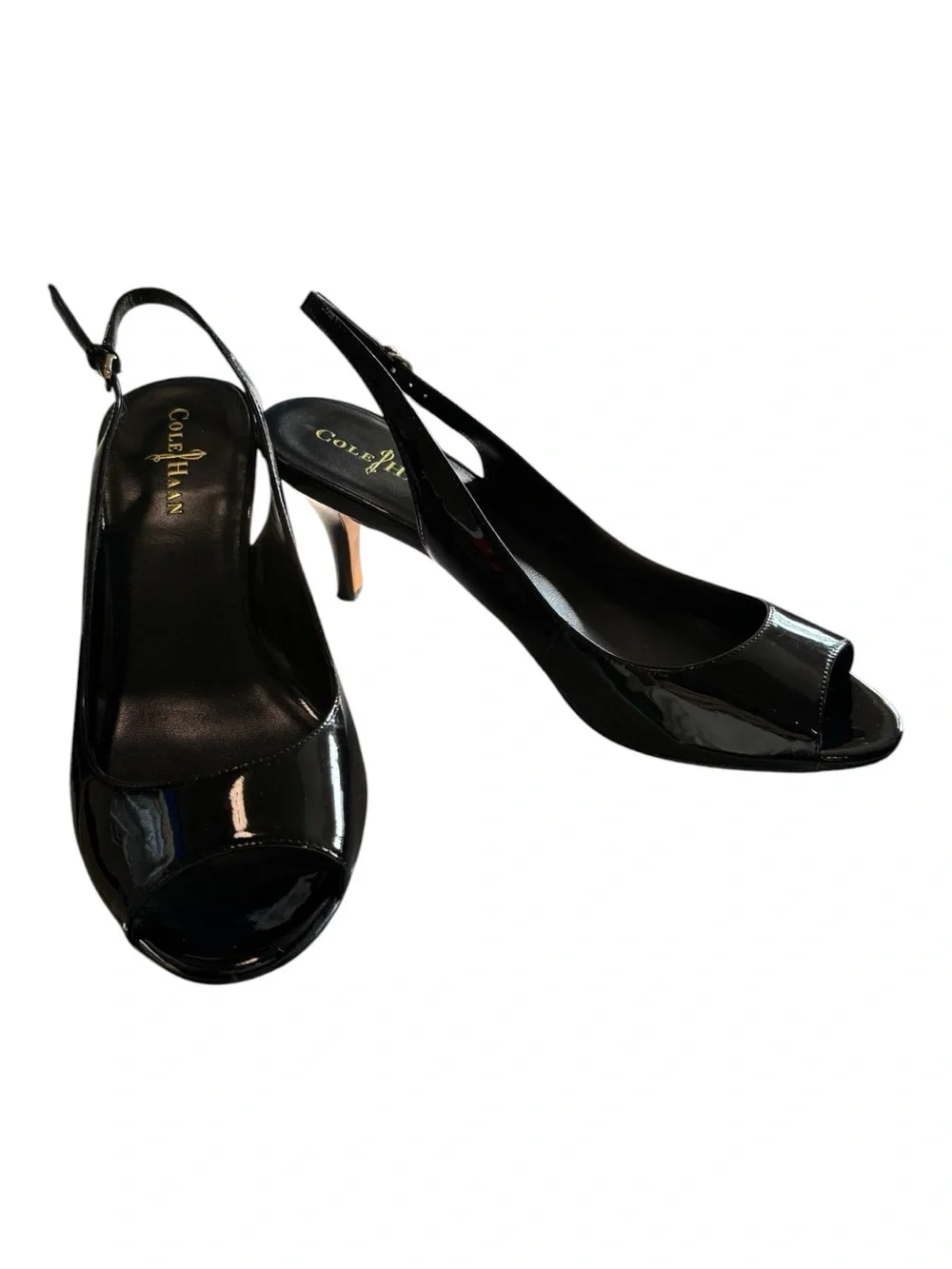 Cole Haan Nike Air Black Patent Leather Slingback Peep Toe Heels Size 10B